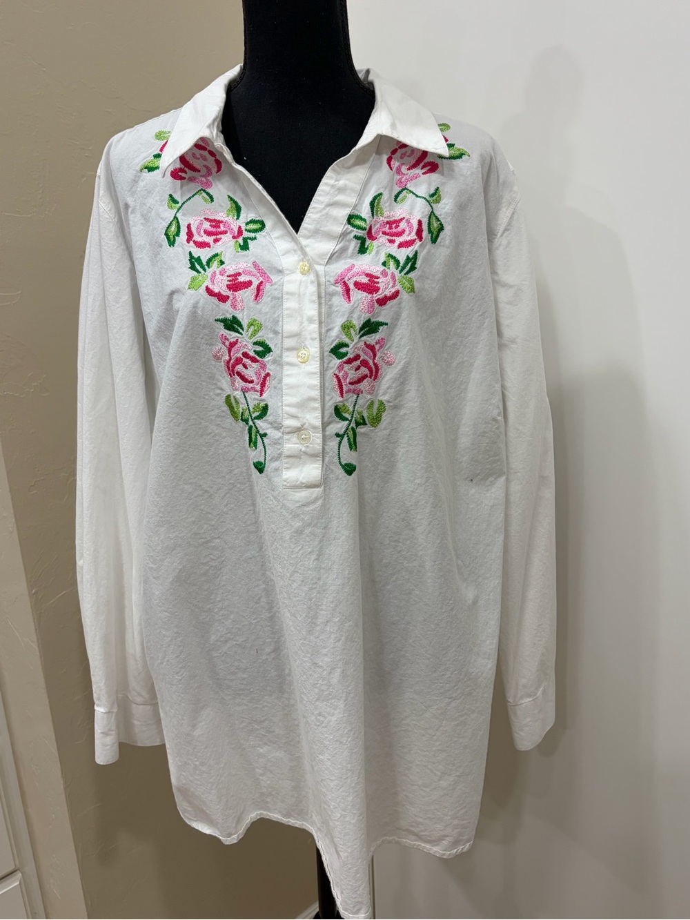 Woman Within White Shirt with Embroidered Detail